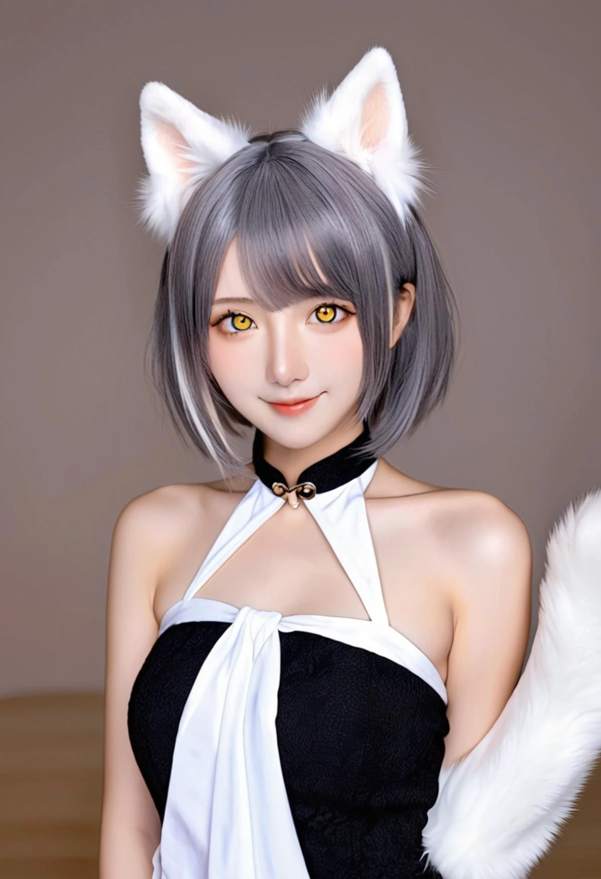 1girl,
Score_9, Score_8_up, Score_7_up, solo, see-through, animal ears, black hair, yellow eyes, tail, short hair, :3, grey hair, alternate costume, dog tail, heterochromia, dog girl, dog ears, multicolored hair, two-tone hair, blush, smile, chinese text, extra ears, blue eyes
