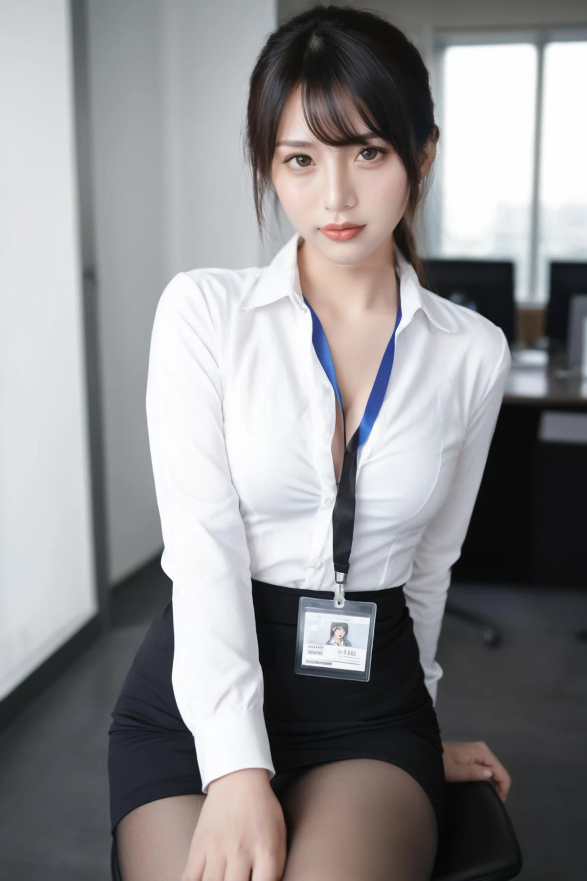 score_9, score_8_up, score_7_up, source_photo, realistic, nsfw, <lora:0506 Emma OL_v1_pony:0.7>, ruanyi0506, bra, pantyhose, miniskirt, office lady, id card, lanyard, black bra, black necktie, A captivating Korean office lady with youthful features and luscious lips. Sleek black hair in a silky ponytail. Alluring natural makeup accentuating her flawless looks. Lithe hourglass figure in a formfitting black bra pushing up her ample cleavage. Sheer black pantyhose hugging her toned, long legs. Dangerously short black miniskirt riding up, revealing tantalizing thigh glimpses. Loosened black necktie hanging suggestively between breasts. Office ID on a lanyard drawing attention to her chest. Pouting sultrily as she reclines provocatively at her desk, one heel dangling seductively. Modern office with window light creating dramatic shadows accentuating her sensual curves. Smoldering gaze of pure allure meeting the camera.