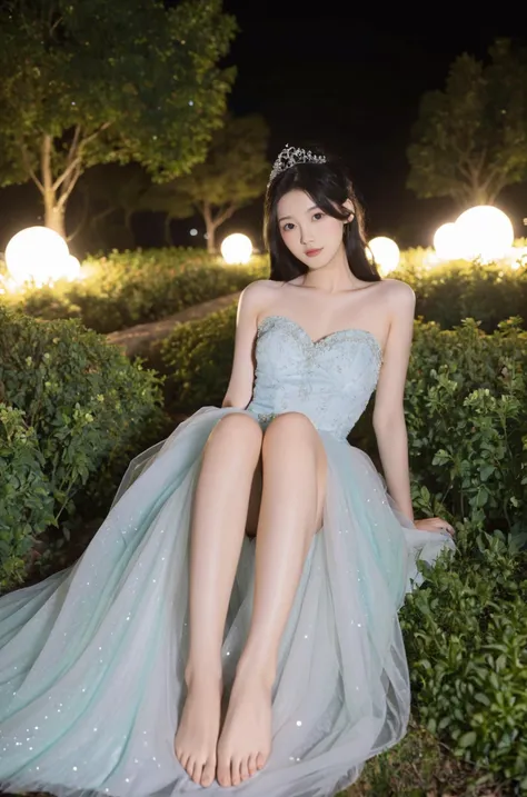 (Score_9,Score_8_up,Score_7_up:1.3),(((close -up shot of feet, soles up))),((sitting or lying)), a woman in a ballgown, standing in a moonlit garden with fairy lights, ethereal ambiance, midnight glamour, romantic enchantment.korean girl,black hair,