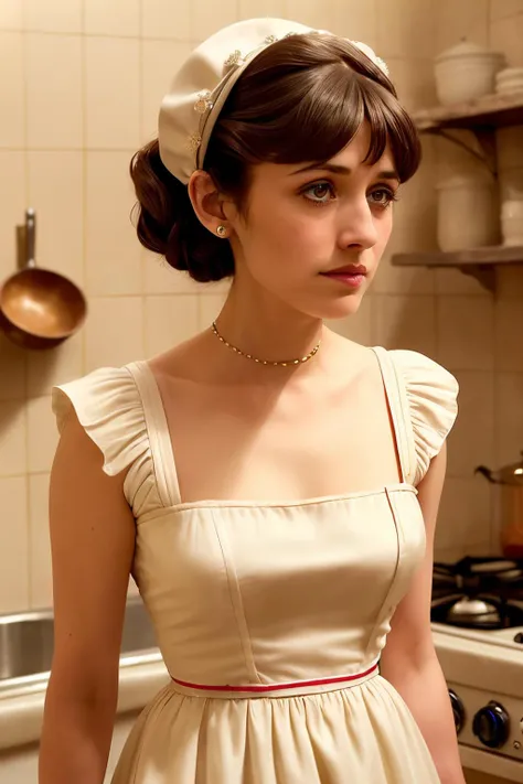a photo of anylsen1 wearing a milk maid dress, (yellow milk maid dress), (upright pin curl hairstyle), (brown hair), (kitchen background), elegant, highly detailed. vibrant, photorealistic, realistic, sharp focus, 8k