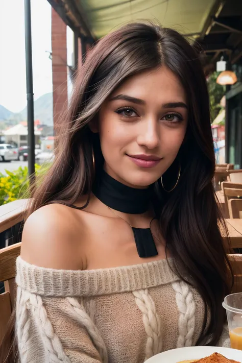 anylsen1 piercing eyes, looking straight, very happy,long hair, wearing an off-shoulder sweater, choker, closeup portrait, in a outdoor cafe in 2015, afternoon light