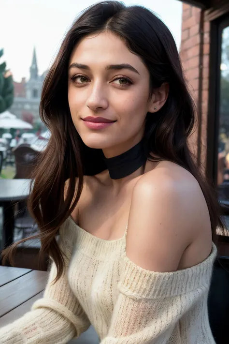 anylsen1 piercing eyes, looking straight, very happy,long hair, wearing an off-shoulder sweater, choker, closeup portrait, in a outdoor cafe in 2015, afternoon light