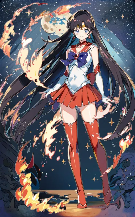 ((masterpiece,best quality)), UHD, extreme detailed,colorful, highest detailed,(1girl, solo,very long hair,full body, night, starry sky), shiny skin, a girl in a frilled dress and thigh high boots walking down a road in the countryside with trees on both sides, smile, 1girl, red constellation, crescent_moon, earrings, full_body, jewelry, long_hair, looking_at_viewer, moon, night, night_sky, roman_numeral, shooting_star, sky, smile, solo, space, sparkle, standing, zentangel, dynamic pose, sparkle, ring light, glow,star_\(sky\), star_\(symbol\), starry_sky, starry_sky_print, thighhighs,SMMars, very long hair, parted bangs, sailor senshi uniform, red sailor collar, red skirt, elbow gloves, standing, cowboy shot, smile, cartoon flames in background, stylized background, FIRE,((detailed and asymmetric hand, asymmetric fingers)), <lora:animeTarotCardArtStyleLora_v31:0.9> <lora:SailorMarsLORA-000026:0.9>