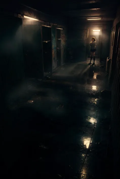 cowboy shot, mature woman, pretty face, standing, school uniform, miniskirt, wide hips, huge breasts, indoors, restroom, urinal, dirty, dark, trash, graffiti, cracked wall, cracked floor, cinematic lighting, (chiaroscuro:1.4), hires, volumetric lighting, highly detailed background, masterpiece, <lora:add_detail:0.5> <lora:hairdetailer:0.6> <lora:restroom_v0.2a:1>