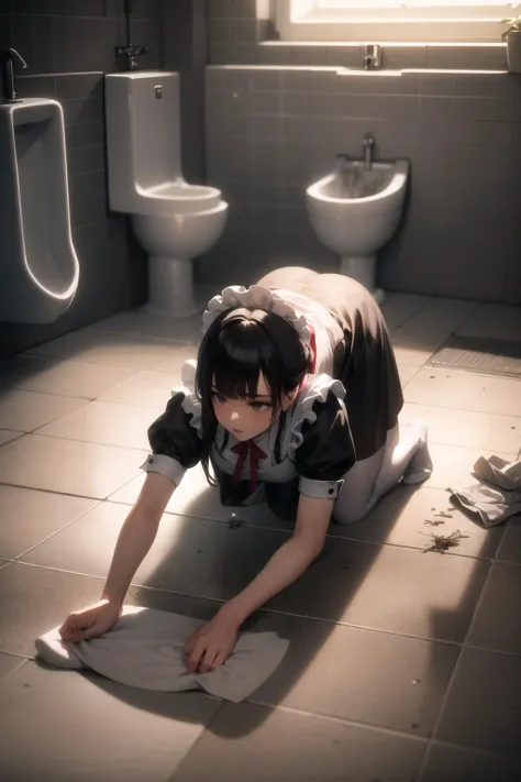 head on urinal, whole body is wet, 1 girl, toilet, cleaning urinal, kneeling, dirty, pee, garbage,, masterpiece, best quality, very detailed, maid clothes, brown hair, freckles on face, white liquid all over body, yogurt all over body