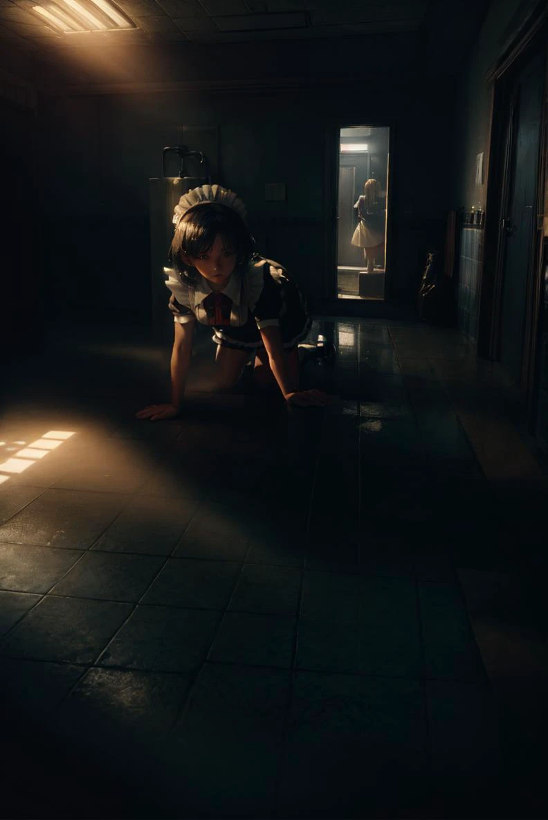 mature woman, pretty face, cleaning floor, all fours, maid, urinal, dirty, wide hips, indoors, restroom, cinematic lighting, (chiaroscuro:1.3), hires, volumetric lighting, highly detailed background, masterpiece, <lora:add_detail:0.5> <lora:hairdetailer:0.6> <lora:restroom_v0.2a:1>