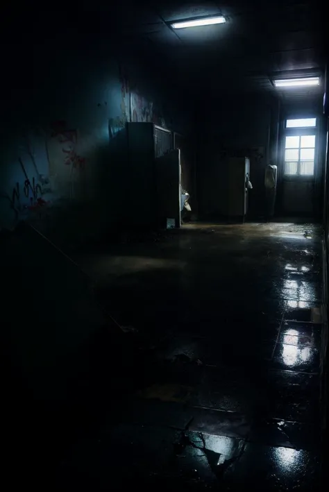 cowboy shot, mature woman, pretty face, standing, school uniform, miniskirt, wide hips, huge breasts, indoors, restroom, urinal, dirty, dark, trash, graffiti, cracked wall, cracked floor, cinematic lighting, (chiaroscuro:1.4), hires, volumetric lighting, highly detailed background, masterpiece, <lora:add_detail:0.5> <lora:hairdetailer:0.6> <lora:restroom_v0.2a:1>