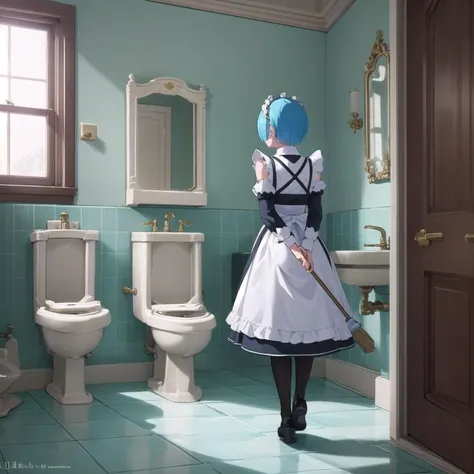 masterpiece, best quality, ultra-detailed, sharp, epic lighting, cinematic composition, <lora:ReZeroRem_v10:0.4> 1girl, solo, rem_\(re_zero\), cute, light blue hair, short hair, medium breasts, (hair over one eye:1.3), blue eyes, (roswaal mansion maid uniform:1.1), bare shoulders, wide sleeves, apron, (white pantyhose:1.3), (broom:1.1), cleaning, standing, expressionless, (looking away.1.1), (urinal, toilet, stall, tiles, door, bathroom, window, sink, faucet:1.1), (8k:1.1), <lora:restroom_v0.2a:1> <lora:maplestory20:0.3>