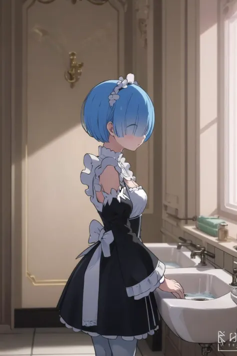 masterpiece, best quality, ultra-detailed, sharp, epic lighting, cinematic composition, <lora:ReZeroRem_v10:0.6> 1girl, solo, rem_\(re_zero\), cute, light blue hair, short hair, medium breasts, (hair over one eye:1.3), blue eyes, (roswaal mansion maid uniform:1.1), bare shoulders, wide sleeves, apron, (white pantyhose:1.3), (broom:1.1), (cowboy shot:1.1), from the side, cleaning, standing, expressionless, (urinal, toilet, stall, tiles, door, bathroom, window, sink, faucet:1.1), (8k:1.1), <lora:restroom_v0.2a:1> <lora:maplestory20:0.3>