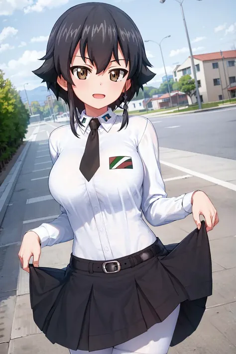 masterpiece, best quality, 1girl, solo, girls und panzer, pepperoni, (anzio school uniform, white shirt, black necktie, black skirt, white pantyhose), (skirt lift:1.3), outdoors, cowboy shot <lora:Pepperoni:0.7>