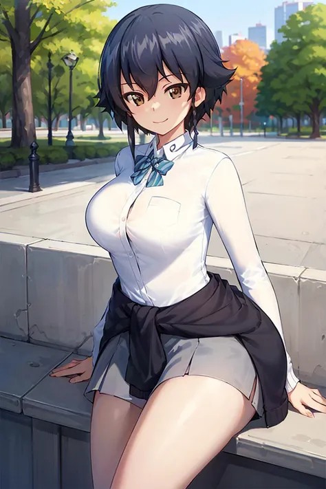 masterpiece, best quality, 1girl, solo, girls und panzer, pepperoni, large breasts, gyaru,(alternate costume, white shirt, cardigan around waist, blue miniskirt:1.4), bowtie, looking at viewer, sitting, smile, cowboy shot, outdoors, central park <lora:Pepperoni:0.6>