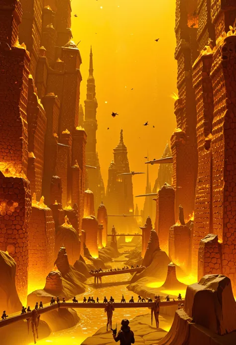 A diorama of an ancient beehive civilization, with towering hexagonal hive structures made of amber and honeycomb. Tiny humanoid bees in golden armor patrol the honey rivers flowing through the city. Miniature flying machines shaped like bees buzz between the hives, while glowing nectar pools illuminate the city at night from inside the diorama's amber-colored glass enclosure. text all over reads "SEND BUZZ".