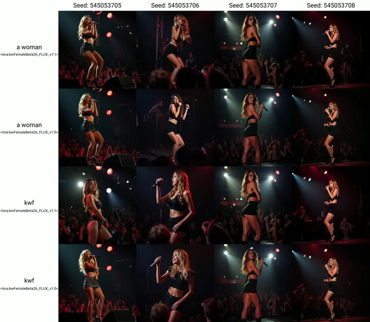 Photography of a woman <lora:kwFemaleBeta26_FLUX_v1:1> performing on stage or enjoying a night out at a rock concert, wearing a miniskirt, a crop top, and high heels, low-key lighting, close-up portrait shot, captivating expression and engaging with the audience.