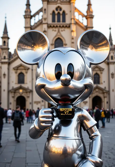 A polished silver Mickey Mouse statue, casually holding a black coffee cup that has the logo "NEPOTISM V7" in glowing gold. The backdrop features a towering Gothic cathedral with sharp, spiky spires, illuminated by warm, late-afternoon sunlight. The busy plaza around Mickey has a soft blur, drawing attention to the shiny details of the statue.
