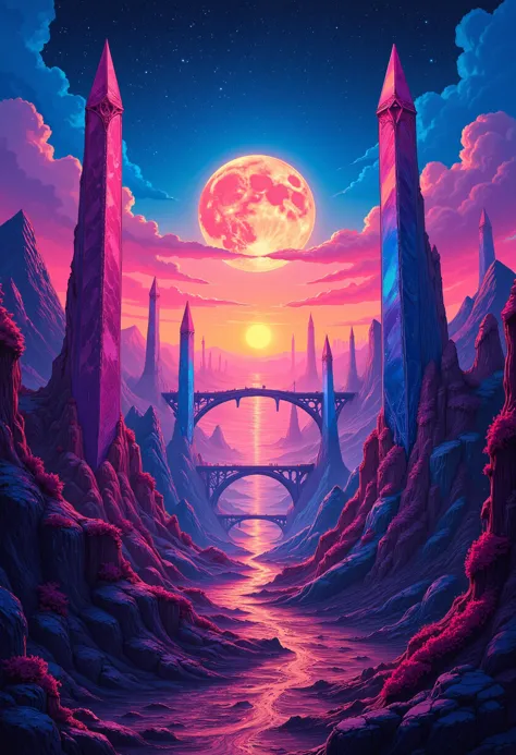A surreal landscape where the sky is a blend of vibrant neon colors, with towering crystal formations emerging from the ground, reflecting the hues of the sky. In the distance, a city of floating islands connected by delicate bridges made of light. The scene is illuminated by a large, glowing moon with intricate patterns etched on its surface. Style influences include the fantastical detail of Luis Royo and the vibrant color palette reminiscent of a cyberpunk aesthetic.