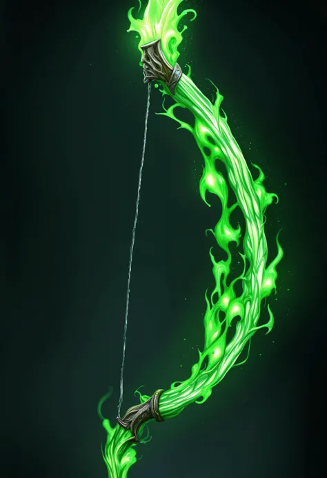 A mystic bow made of ancient, twisted bone with veins of glowing green energy running through it. The bowstring is made of enchanted silver thread, shimmering with ethereal light. When drawn, no physical arrows are required—the bow creates glowing, spectral arrows from the energy of its wielder. Upon release, the arrows explode into a burst of ghostly light upon impact, temporarily summoning ethereal warriors to fight by the wielder’s side. The bow hums with ancient magic, best suited for an elven ranger or a spirit warrior. Detailed, glowing magical effects, with a nature-meets-supernatural design.