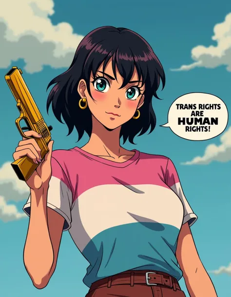 hyperdetailed retro style 90's anime screengrab.
A woman stands there holding a Golden Pistol and the speech bubble reads "Trans Rights Are Human Rights!"
Her shirt is in trans-flag colors.