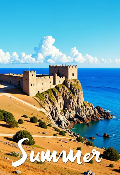A travel poster illustrating A breathtaking summer view of Castillo de San Felipe del Morro, perched on the rugged coastline of San Juan, Puerto Rico, under a clear, bright blue sky. The historic fortress, with its weathered stone walls and towering bastions, stands dramatically against the deep blue expanse of the Atlantic Ocean. The arid, rocky terrain around the fortress contrasts with the smooth, open expanse of the sea, as the warm sunlight highlights the details of the fort's architecture. The absence of lush greenery emphasizes the stark beauty and commanding presence of this iconic historical site