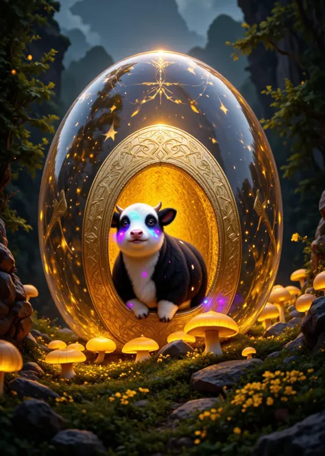 long shot scenic professional photograph of a massive, translucent egg, a marvel of nature's engineering, rests in a meadow among piles and mounds of brightly glowing Enoki mushrooms and Giant Portobello mushrooms.
The egg's crystalline shell, etched with intricate, gold inlay geometric patterns, refracts the warm, soft light of the surrounding clover, casting a glow upon the surrounding carpet of Enoki mushrooms and Giant Portobello mushrooms.
The golden egg is a colossal object. Its shell is a masterpiece of nature, a translucent crystal and gilt etchings defy gravity. The patterns etched upon its surface are intricate and mesmerizing, resembling a complex, geometric latticework. Each line and curve is sharp and precise, carved by a master artisan.
Inside the egg, a tiny Highland cow stirs. Its friendly form is distinct, there is an undeniable aura of positive energy about it. Its spots, black and white, shimmer with a breathtaking array of iridescent colors. Purples, blues, and golds dance across its surface, each hue reflecting the glow of the magic power that illuminates the area. The fluffy texture of the cow's fur is fluorescent, catching the light and refracting it in a thousand different directions.
The scene is one of pastoral beauty and natural peace. The egg, buried in side of the mound of precious clover, is filled with magic and sorcery. The cow within is radiant with powerful bovine energy. A river of water rushes past the scene.
<lora:ImageUpgraderV2:0.222> detailmaximizer, <lora:MidjourneyV6.1:0.050> midjourneyv6.1, <lora:CosmicStyleFLUX:0.050> cosmicstyle, <lora:flux_realism_lora:0.111> <lora:fluxenhancer:0.050> fluxenhancer, <lora:Surreal_Photo:0.050> , <lora:Opal_Fantasy_Flux:0.222> made of opal, glowing opal fantasy, opalescence, gemstone,, perfect viewpoint, highly detailed, wide-angle lens, hyper realistic, with dramatic sky, polarizing filter, natural lighting, vivid colors, everything in sharp focus, HDR, UHD, 64K