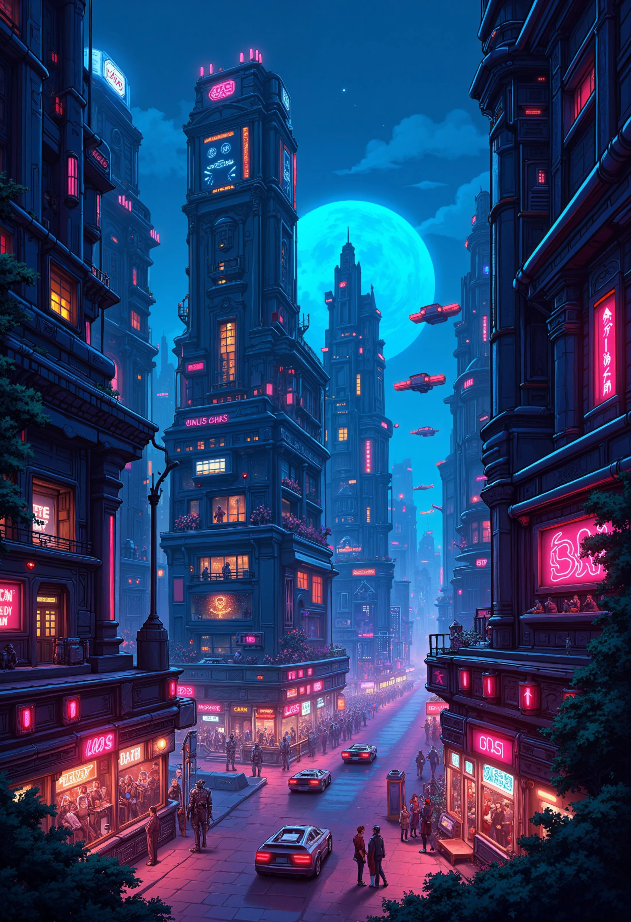 An isometric view of a futuristic cyberpunk city at night, with towering skyscrapers, neon signs, and bustling streets filled with flying cars. The buildings are designed with intricate details, featuring glowing windows, holographic billboards, and rooftop gardens. The streets below are alive with characters in futuristic outfits, some interacting with robots or exploring market stalls. The scene is rendered in a mix of pixel art and neonpunk styles, giving it a vibrant, retro-futuristic feel.