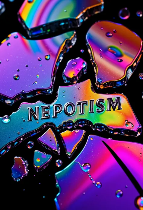 A close-up, macro photograph of a shattered crystal prism, with light refracting into a stunning array of vibrant colors—deep purples, electric blues, neon greens, and fiery oranges. The intricate details of the crystal's jagged edges are highlighted, creating a visually engaging, high-contrast image. Tiny droplets of water cling to the surface, reflecting the rainbow hues, adding another layer of depth.
The title "NEPOTISM v6" is subtly etched onto one of the larger crystal shards in a sleek, metallic font, text merging seamlessly with the reflective surfaces. The style blends the hyper-realism of a Peter Lik photograph with the surreal editing touches reminiscent of an Alex Andreev digital composition, making the image both grounded and fantastical at once.