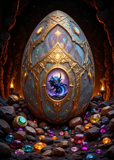 cinematic photo a massive, translucent egg, a marvel of nature's engineering, rests buried in the side of a volcano among piles and mounds of brightly glowing gemstones.
The egg's crystalline shell, etched with intricate, gold inlay geometric patterns, refracts the warm, soft light of the surrounding lava, casting a glow upon the surrounding carpet of opals, sapphires, emeralds, and rubies. The golden egg is a colossal object. Its shell is a masterpiece of nature, a translucent crystal and gilt etchings defy gravity. The patterns etched upon its surface are intricate and mesmerizing, resembling a complex, geometric latticework. Each line and curve is sharp and precise, carved by a master artisan.
Inside the egg, a tiny powerful dragon stirs. Its fearsome form is distinct, there is an undeniable aura of evil about it. Its scales, nearly black, shimmer with a breathtaking array of iridescent colors. Purples, blues, and golds dance across its surface, each hue reflecting the glow of the magic power that illuminates the area. The scale-like texture of the dragon's skin is fluorescent, catching the light and refracting it in a thousand different directions.
The scene is one of stark beauty and natural violence. The egg, buried in side of the mound of precious jewels, is filled with magic and sorcery. The dragon within is radiant with powerful dark energy. A river of searing hot lava rushes past the scene.
<lora:ImageUpgraderV2:0.222> detailmaximizer, <lora:MidjourneyV6.1:0.050> midjourneyv6.1, <lora:CosmicStyleFLUX:0.050> cosmicstyle, <lora:flux_realism_lora:0.111> <lora:fluxenhancer:0.050> fluxenhancer, <lora:Surreal_Photo:0.050> , <lora:Opal_Fantasy_Flux:0.222> made of opal, glowing opal fantasy, opalescence, gemstone,, 35mm photograph, film, bokeh, professional, 4k, highly detailed