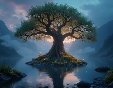 Imagine a fantastical scene of an ancient, massive tree growing in the middle of a serene, mystical lake under a twilight sky. The treeâs enormous roots spread wide across the water, some of them breaking the surface and creating small islands covered with glowing, bioluminescent flowers. The treeâs branches stretch out like arms, covered in shimmering leaves that change colors from green to gold to blue. Perched among the branches are ethereal, glowing creatures that resemble a mix of birds and butterflies, their wings leaving trails of light as they flutter. The water surrounding the tree is so still that it perfectly reflects the tree and the sky, which is painted in deep purples, blues, and oranges from the setting sun. A few soft, luminous orbs float around the tree, casting a gentle light that adds to the magical atmosphere. In the background, towering mountains shrouded in mist rise up, their peaks barely visible against the darkening sky. The overall mood is tranquil and otherworldly, as if this place exists outside of time, a hidden sanctuary of nature's magic and beauty.