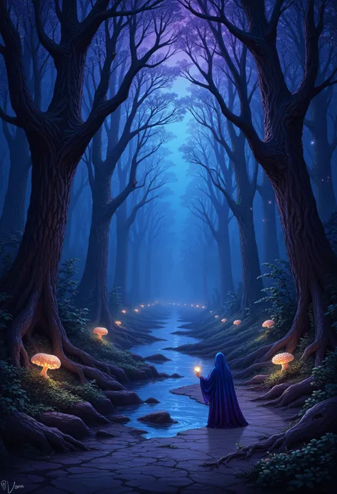 A mystical forest scene during twilight, with ancient, towering trees whose bark is covered in glowing, bioluminescent fungi. A river flows through the forest, reflecting the soft, magical light from the surrounding flora. A lone figure, cloaked in deep blues and purples, is seen casting a spell near the riverbank. The style is reminiscent of fantasy artwork with intricate details and a soft, ethereal glow, akin to the works of Alan Lee and Brian Froud.