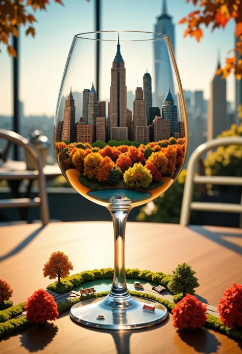 A hyper-realistic sculpture of a bustling New York City skyline encased inside a giant wine glass. Central Park is depicted at the base, with detailed autumn foliage in rich reds, oranges, and yellows surrounding miniature skyscrapers. The sunlight filters through the glass, casting delicate reflections and shadows onto a wooden table beneath. Tiny boats and park benches are visible in the park, adding intricate detail to the scene.