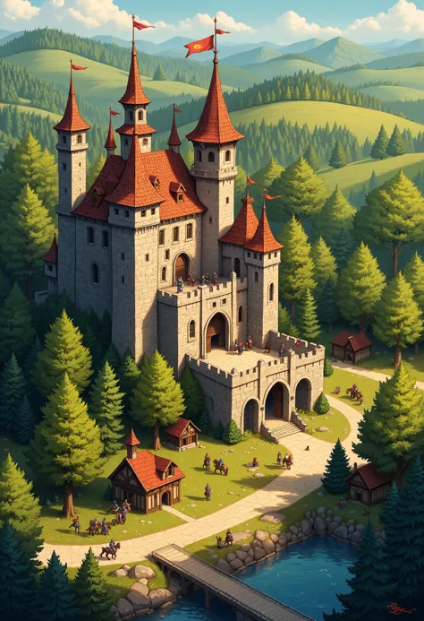 An isometric view of a medieval fantasy castle, surrounded by lush forests and rolling hills. The castle features tall towers with banners fluttering in the wind, a drawbridge over a moat, and detailed stonework. Outside the castle walls, knights on horseback are patrolling the area, while villagers go about their daily tasks. The scene is designed with a hand-painted, storybook-like style, with warm, earthy colors and soft lighting that creates a cozy, inviting atmosphere.
