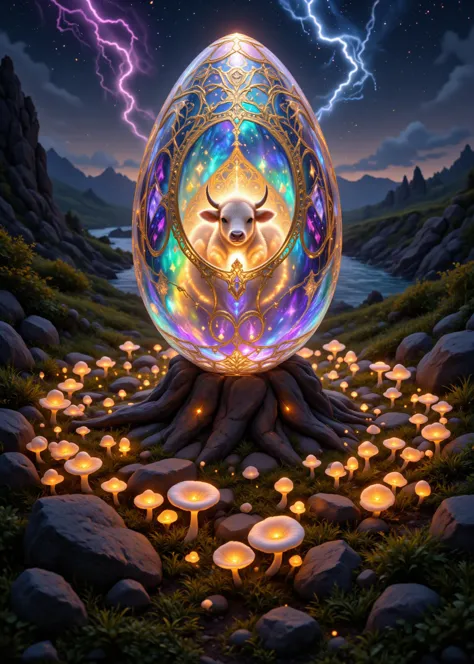 long shot scenic professional photograph of a massive, translucent egg, a marvel of nature's engineering, rests in a meadow among piles and mounds of brightly glowing Enoki mushrooms and Giant Portobello mushrooms.
The egg's crystalline shell, etched with intricate, gold inlay geometric patterns, refracts the warm, soft light of the surrounding clover, casting a glow upon the surrounding carpet of Enoki mushrooms and Giant Portobello mushrooms.
The golden egg is a colossal object. Its shell is a masterpiece of nature, a translucent crystal and gilt etchings defy gravity. The patterns etched upon its surface are intricate and mesmerizing, resembling a complex, geometric latticework. Each line and curve is sharp and precise, carved by a master artisan.
Inside the egg, a Highland cow stirs. Its friendly form is distinct, there is an undeniable aura of positive energy about it. Its fur shimmers with a breathtaking array of iridescent colors. Purples, blues, and golds dance across its surface, each hue reflecting the glow of the magic power that illuminates the area. The fluffy texture of the Highland cow's fur is fluorescent, catching the light and refracting it in a thousand different directions.
The scene is one of pastoral beauty and natural peace. The egg, buried in side of the mound of precious clover, is filled with magic and sorcery. The Highland cow within is radiant with powerful bovine energy. A river of water rushes past the scene.
<lora:ImageUpgraderV2:0.222> detailmaximizer, <lora:MidjourneyV6.1:0.050> midjourneyv6.1, <lora:CosmicStyleFLUX:0.050> cosmicstyle, <lora:flux_realism_lora:0.111> <lora:fluxenhancer:0.050> fluxenhancer, <lora:Surreal_Photo:0.050> , <lora:Opal_Fantasy_Flux:0.222> made of opal, glowing opal fantasy, opalescence, gemstone,, perfect viewpoint, highly detailed, wide-angle lens, hyper realistic, with dramatic sky, polarizing filter, natural lighting, vivid colors, everything in sharp focus, HDR, UHD, 64K
