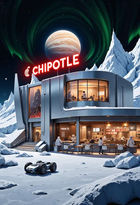 A futuristic Chipotle restaurant built on the icy surface of Europa, one of Jupiter’s moons, surrounded by vast frozen oceans and towering ice cliffs. The building is sleek and metallic, its surfaces highly reflective to blend into Europa’s bright, ice-covered landscape. The Chipotle logo is projected in glowing red and white holographic letters, hovering above the entrance and casting a warm glow on the icy surroundings. The restaurant is equipped with advanced geothermal technology, harnessing heat from Europa’s underground oceans to keep the interior warm and comfortable. Inside, the design is modern and industrial, with smooth metal counters, polished concrete floors, and minimalist seating. The windows are large and reinforced, offering diners a view of Europa’s jagged ice formations and the distant silhouette of Jupiter looming massively in the sky. Occasionally, faint auroras light up the sky as Jupiter’s magnetic field interacts with Europa’s atmosphere, casting shimmering, green lights across the ice. Customers can order from holographic menus that float above the counter, selecting burritos, bowls, and tacos that are freshly prepared by automated kitchen systems. The lighting inside is warm, casting golden hues across the metallic interior, creating a welcoming atmosphere in the cold, icy environment. Outside, small exploration vehicles and drones can be seen traversing the frozen terrain, gathering samples from beneath the ice. The horizon is dominated by Jupiter’s immense presence, its swirling clouds visible even from Europa’s surface, providing a majestic backdrop as diners enjoy their meals in this high-tech outpost.
