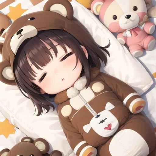 masterpiece, best quality,1girl,ultra detail,chibi,bear costume <lora:BearCostume:0.7>,sleeping,stuffed toys ,from above <lora:UFOCACTHER_SD15_V4:0.8> UFOCatcher, character doll,