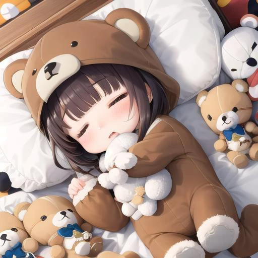 masterpiece, best quality,1girl,ultra detail,chibi,bear costume <lora:BearCostume:0.7>,sleeping,stuffed toys ,from above  <lora:UFOCACTHER_SD15_V4:0.8> UFOCatcher, character doll,