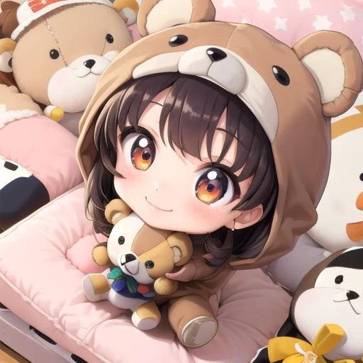 masterpiece, best quality,1girl,ultra detail,chibi,bear costume <lora:BearCostume:0.7>,smile,stuffed toys ,from above  <lora:UFOCACTHER_SD15_V4:0.8> UFOCatcher, character doll,