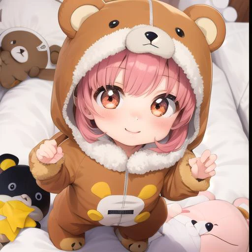masterpiece, best quality,1girl,ultra detail,chibi,bear costume <lora:BearCostume:0.7>,jitome,looking up viewer,stuffed toys ,from above <lora:UFOCACTHER_SD15_V4:0.8> UFOCatcher, character doll,