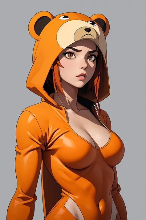 (masterpiece, best quality), 1girl, Orange Spiky Top with Tapered Sides, Size H breasts, <lora:BearCostume:1> bear costume