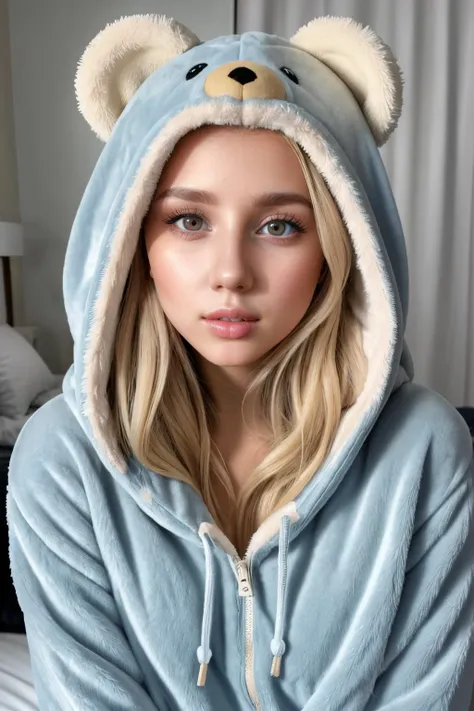 (S357_PolinaMalinovskaya), (25 years old), long blonde hair, modern photo, wearing (bear costume), <lora:BearCostume:0.4>, (portrait), cute bear onesie pajamas, super soft light blue plush fabric, fluffy hood, adorable bear hood, (35mm, F/2.8) Photo Focus, DOF, Aperture, insanely detailed and intricate, character, hypermaximalist, beautiful, revealing, appealing, attractive, amative, hyper realistic, super detailed, beautiful woman, ((detailed eyes)), long eyelashes, (glossy lips), in her bedroom, sfw