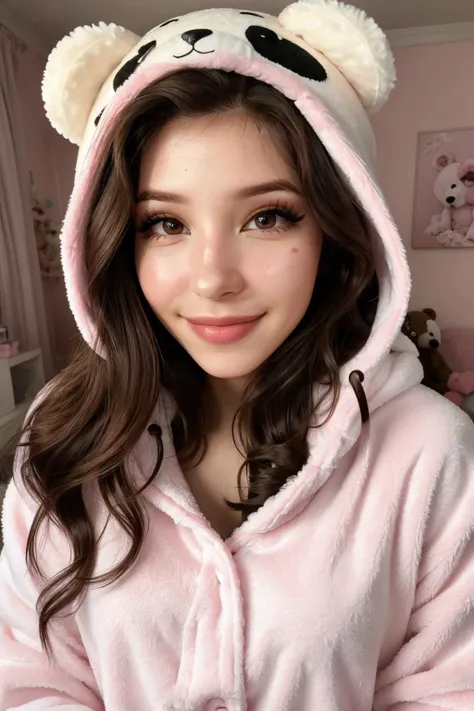 DI_belle_delphine_v1, <lora:DI_belle_delphine_v1:0.5>, (25 years old), smiling, long hair, modern photo, wearing (bear costume), <lora:BearCostume:0.4>, (portrait), cute bear onesie pajamas, super soft light pink plush fabric, fluffy hood, adorable bear hood, (35mm, F/2.8) Photo Focus, DOF, Aperture, insanely detailed and intricate, character, hypermaximalist, beautiful, revealing, appealing, attractive, amative, hyper realistic, super detailed, beautiful woman, ((detailed eyes)), long eyelashes, (glossy lips), in her bedroom, sfw