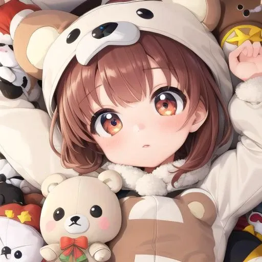 masterpiece, best quality,1girl,ultra detail,chibi,bear costume <lora:BearCostume:0.7>,jitome,looking up viewer,stuffed toys ,from above <lora:UFOCACTHER_SD15_V4:0.8> UFOCatcher, character doll,