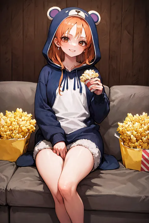 beautiful, (masterpiece), best quality, (extremely detailed face), extremely detailed eyes, perfect lighting, OverallDetail, detailed, deep skin,textured skin,
,nami (one piece), long hair, orange hair, brown eyes, earrings, <lora:nami_(one_piece)_v1:0.8>,sitting on couch, popcorn,feet,smile, barefoot, foot up,
,bear costume ,black bear costume, <lora:BearCostume:0.8>, long sleeves, hood up,