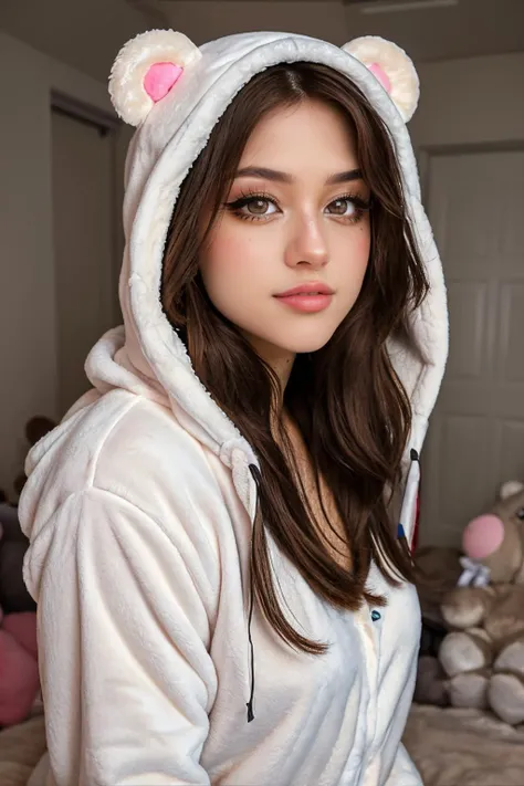 hannahowo, <lora:hannah:0.8>, (25 year old woman), long hair, smiling, modern photo, wearing (bear costume), <lora:BearCostume:0.3>, (portrait), cute bear onesie pajamas, super soft light brown plush fabric, fluffy hood, adorable bear head with big sparkling eyes, (35mm, F/2.8) Photo Focus, DOF, Aperture, insanely detailed and intricate, character, hypermaximalist, beautiful, revealing, appealing, attractive, amative, hyper realistic, super detailed, beautiful girl, ((detailed eyes)), long eyelashes, (glossy lips), in her room