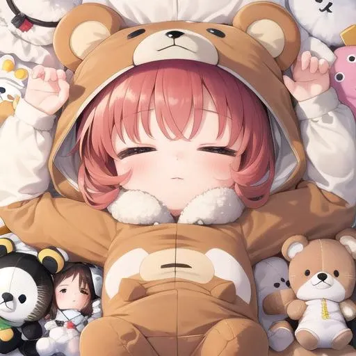 masterpiece, best quality,1girl,ultra detail,chibi,bear costume <lora:BearCostume:0.7>,sleeping,stuffed toys ,from above  <lora:UFOCACTHER_SD15_V4:0.8> UFOCatcher, character doll,