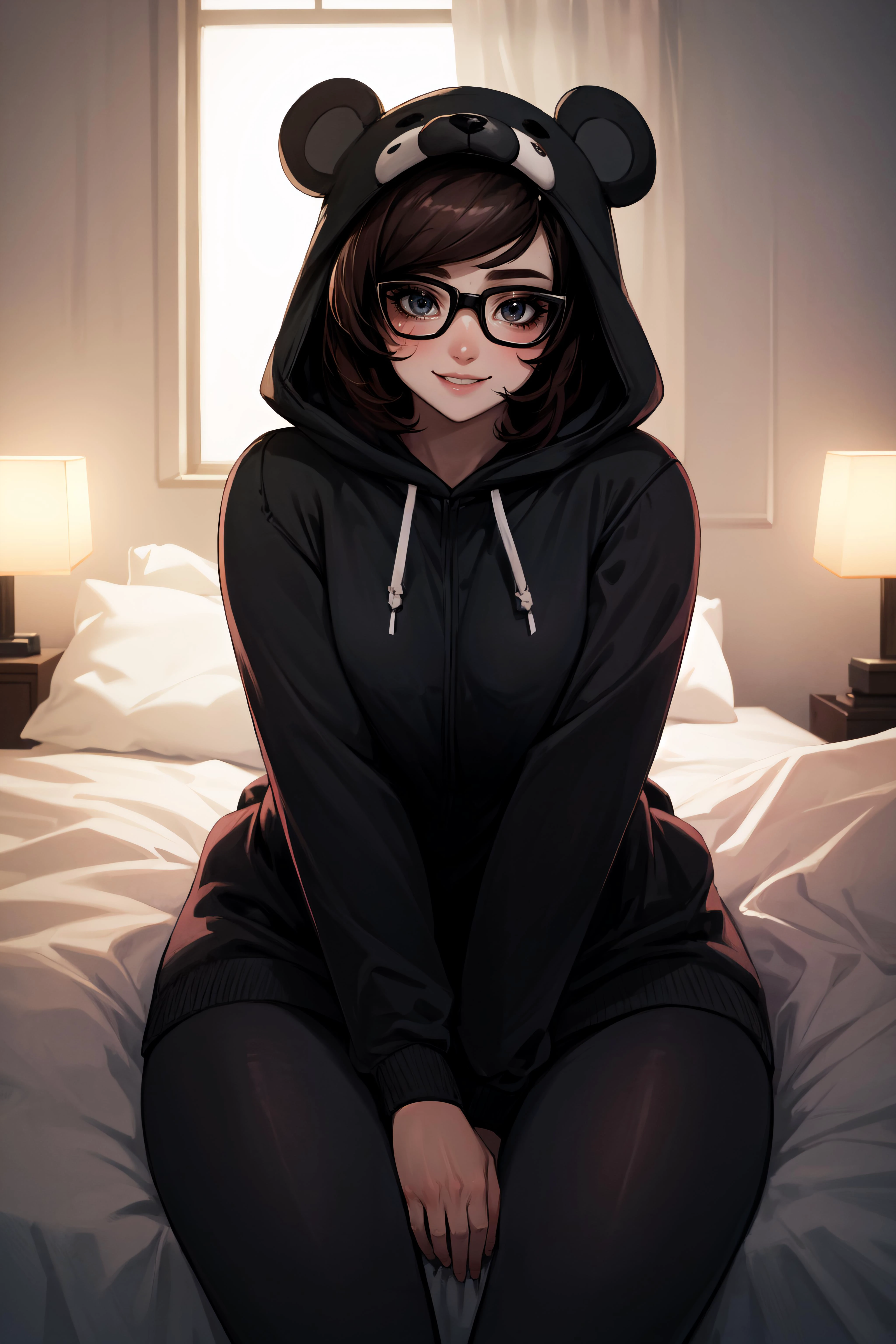 beautiful, (masterpiece), best quality, (extremely detailed face), extremely detailed eyes, perfect lighting, OverallDetail, detailed, deep skin,textured skin,
,bear costume ,black bear costume, <lora:BearCostume:0.8>, long sleeves, hood up,,Mei\(overwatch\), <lora:mei:0.7>,,big smile,on bed ,sitting between pillows,
,<lora:more_details:0.3>,