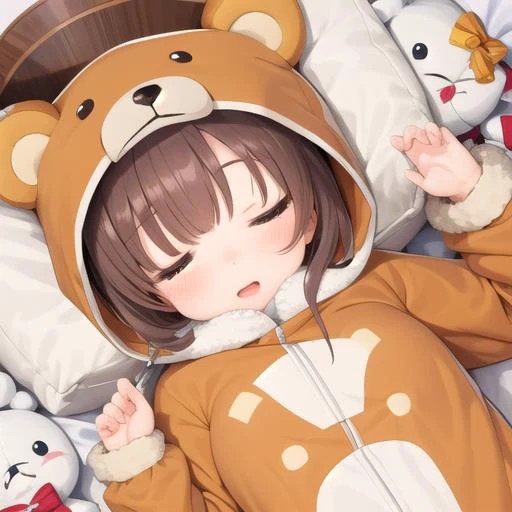 masterpiece, best quality,1girl,ultra detail,chibi,bear costume <lora:BearCostume:0.7>,sleeping,stuffed toys ,from above  <lora:UFOCACTHER_SD15_V4:0.8> UFOCatcher, character doll,