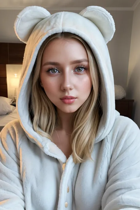 (S357_PolinaMalinovskaya), (25 years old), long blonde hair, modern photo, wearing (bear costume), <lora:BearCostume:0.4>, (portrait), cute bear onesie pajamas, super soft light blue plush fabric, fluffy hood, adorable bear hood, (35mm, F/2.8) Photo Focus, DOF, Aperture, insanely detailed and intricate, character, hypermaximalist, beautiful, revealing, appealing, attractive, amative, hyper realistic, super detailed, beautiful woman, ((detailed eyes)), long eyelashes, (glossy lips), in her bedroom, sfw