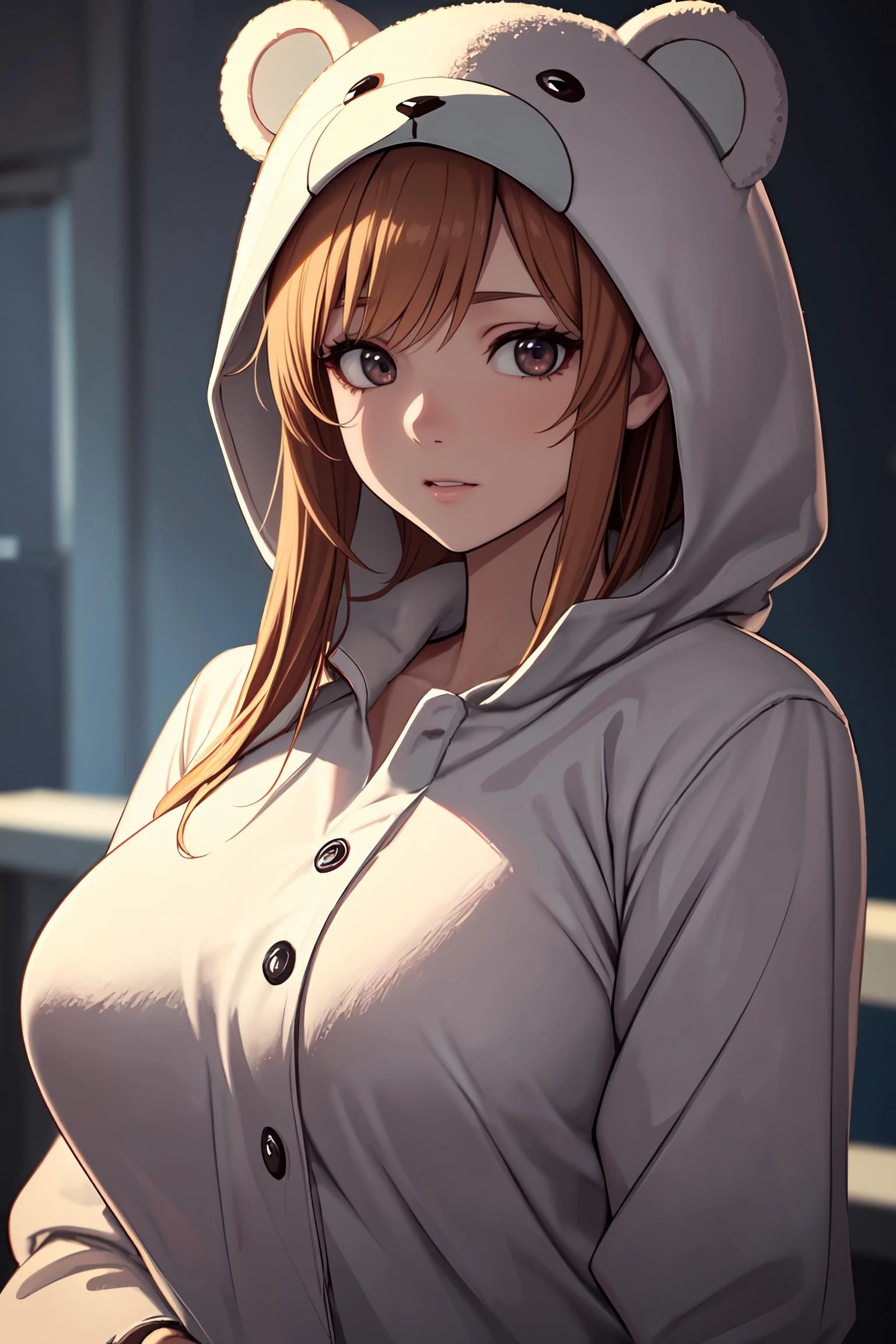 photorealistic, octane render, best quality, sharp focus, 8k, 4k, Masterpiece, Best Quality, realistic skin texture, extremely detailed, intricate, hyper detailed, illustration, soft lighting, high resolution, sharp detail, <lora:BearCostume-10:0.8> bear costume, cute anime waifu girl in a bear costume