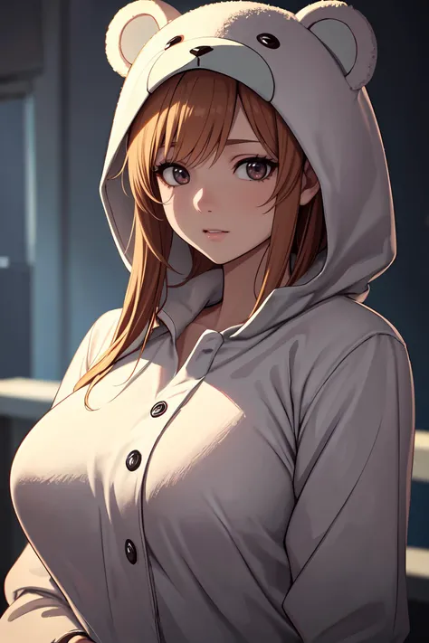 Woman, Brown Hair, Blue Eyes:1.2, Very Large Breasts, White Onsie Pajamas with Bear Hood, Plunging Neckline