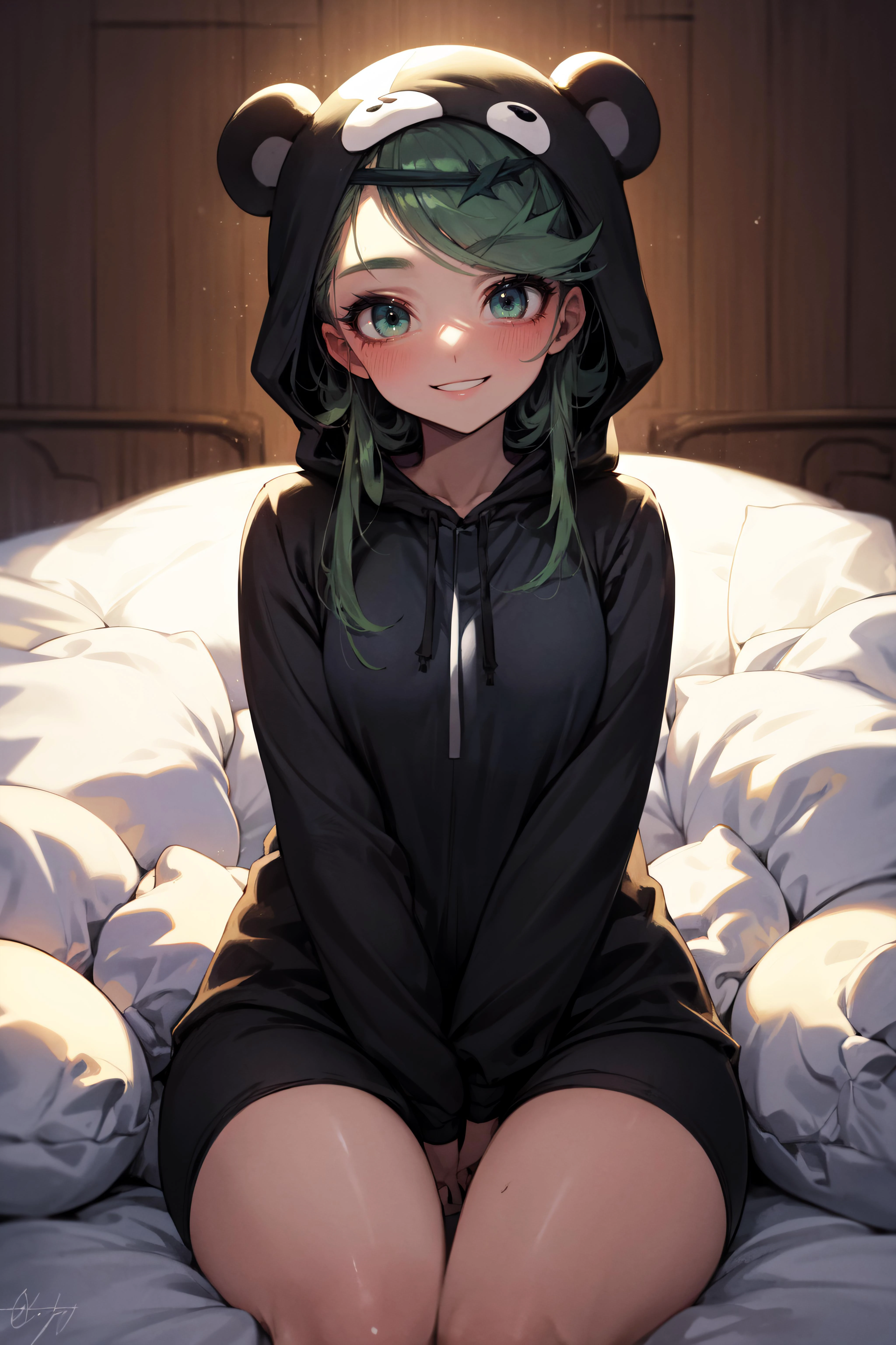 beautiful, (masterpiece), best quality, (extremely detailed face), extremely detailed eyes, perfect lighting, OverallDetail, detailed, deep skin,textured skin,
,bear costume ,black bear costume, <lora:BearCostume:0.8>, long sleeves, hood up,,mallow , long hair, green eyes, <lora:mallow pokemon by Goofy Ai:0.8>,,big smile,on bed ,sitting between pillows,
,<lora:more_details:0.3>,
