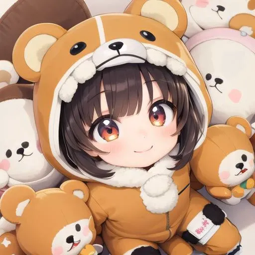 masterpiece, best quality,1girl,ultra detail,chibi,bear costume <lora:BearCostume:0.7>,smile,(stuffed toys) ,from above  <lora:UFOCACTHER_SD15_V4:0.8> UFOCatcher, character doll,